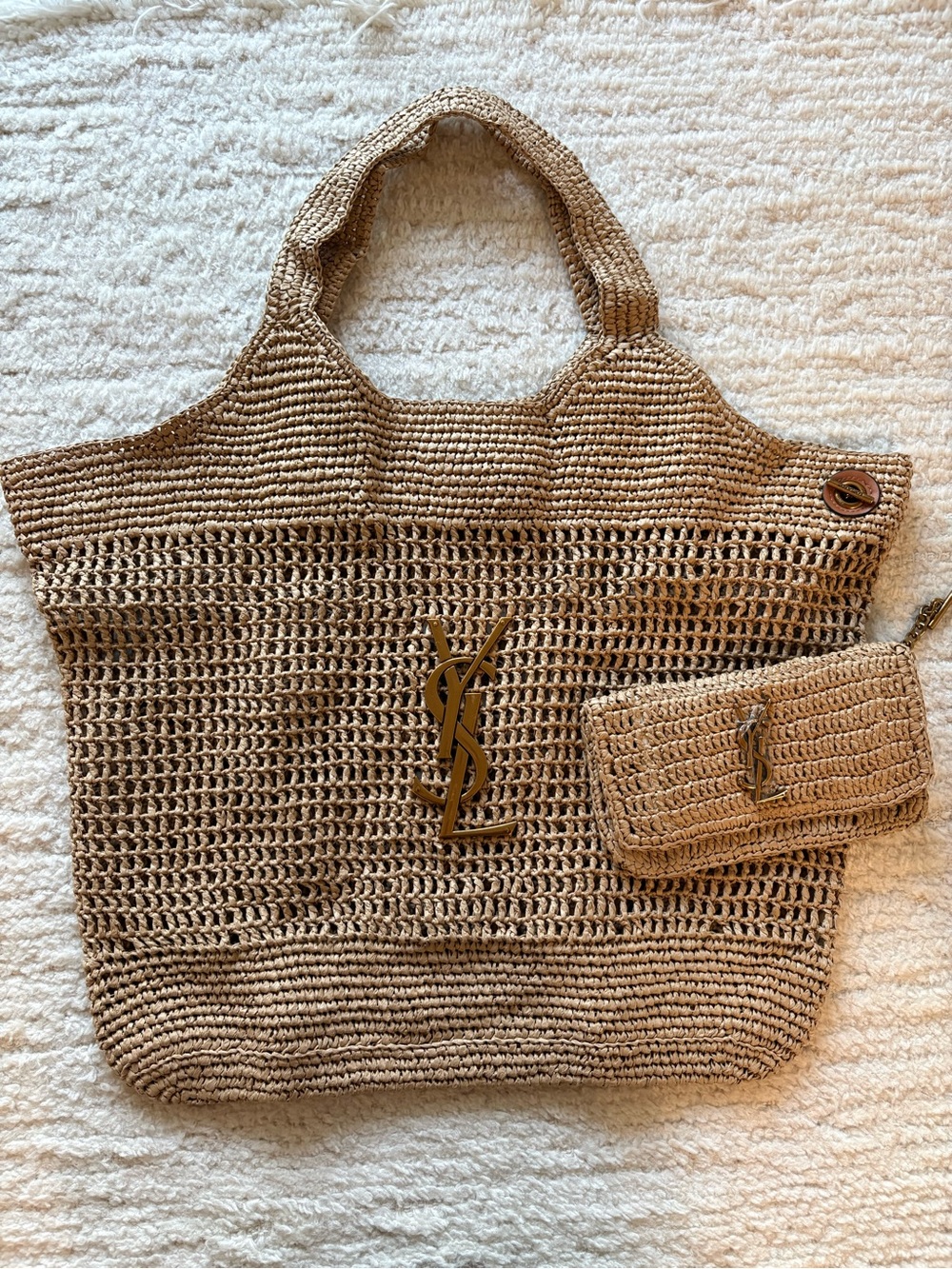 Brand new 1:1 Natural Beige Raffia Tote with Gold YSL Logo